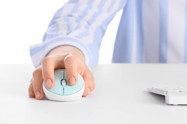 Woman Using Mouse While Working Computer Table Closeup — Stock Photo, Image