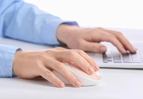 Woman Using Mouse While Working Computer Table Closeup — Stock Photo, Image