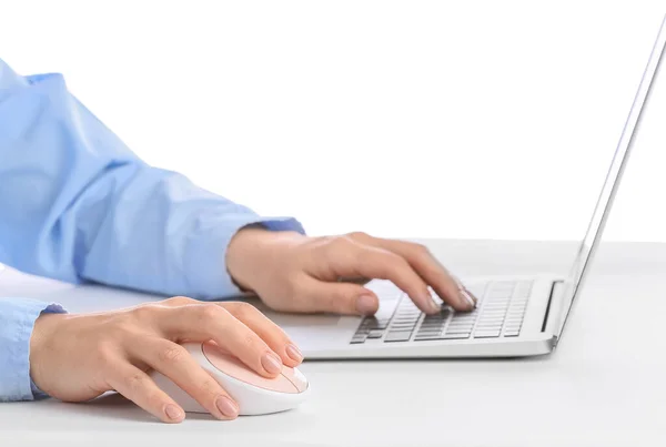 Woman Using Mouse While Working Computer Table Closeup — Stock Photo, Image