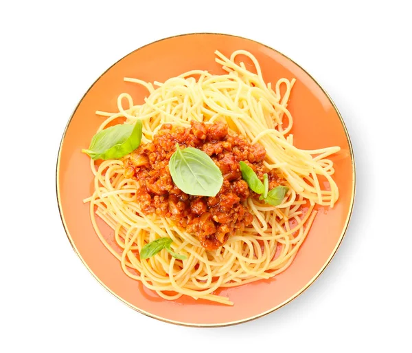 Plate Tasty Pasta Bolognese White Background — Stock Photo, Image