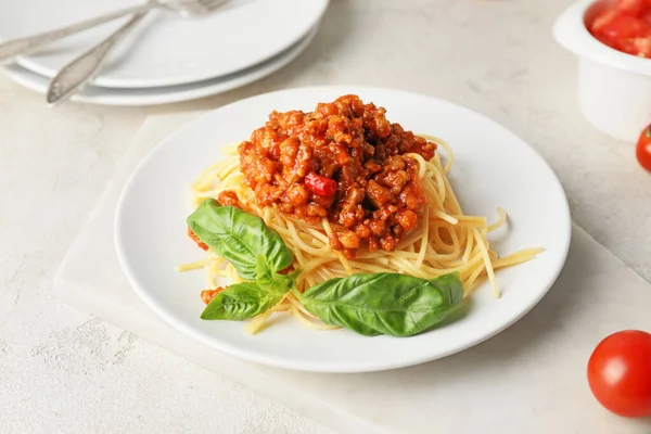 Plate Tasty Pasta Bolognese Table — Stock Photo, Image