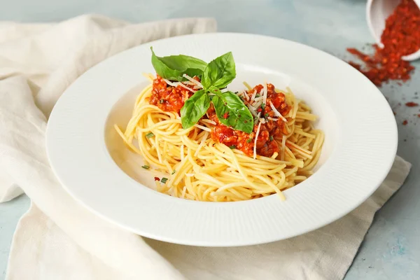 Plate Tasty Pasta Bolognese Table — 图库照片