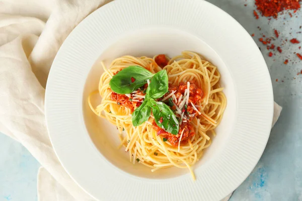 Plate Tasty Pasta Bolognese Table — Stok fotoğraf