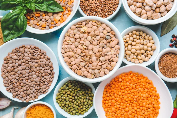 Bowls Lentils Spices Color Background — Stock Photo, Image