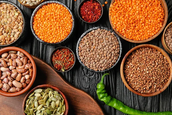 Different Raw Legumes Spices Buckwheat Table — Stock Photo, Image