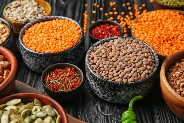 Different Raw Lentils Spices Table — Stock Photo, Image