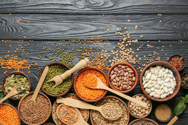Bowls Raw Legumes Spices Table — Stock Photo, Image