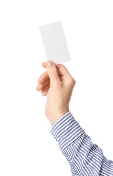 Mão Feminina Com Cartão Visita Branco Fundo Branco — Fotografia de Stock