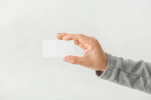 Male Hand Blank Business Card Light Background — Stock Photo, Image