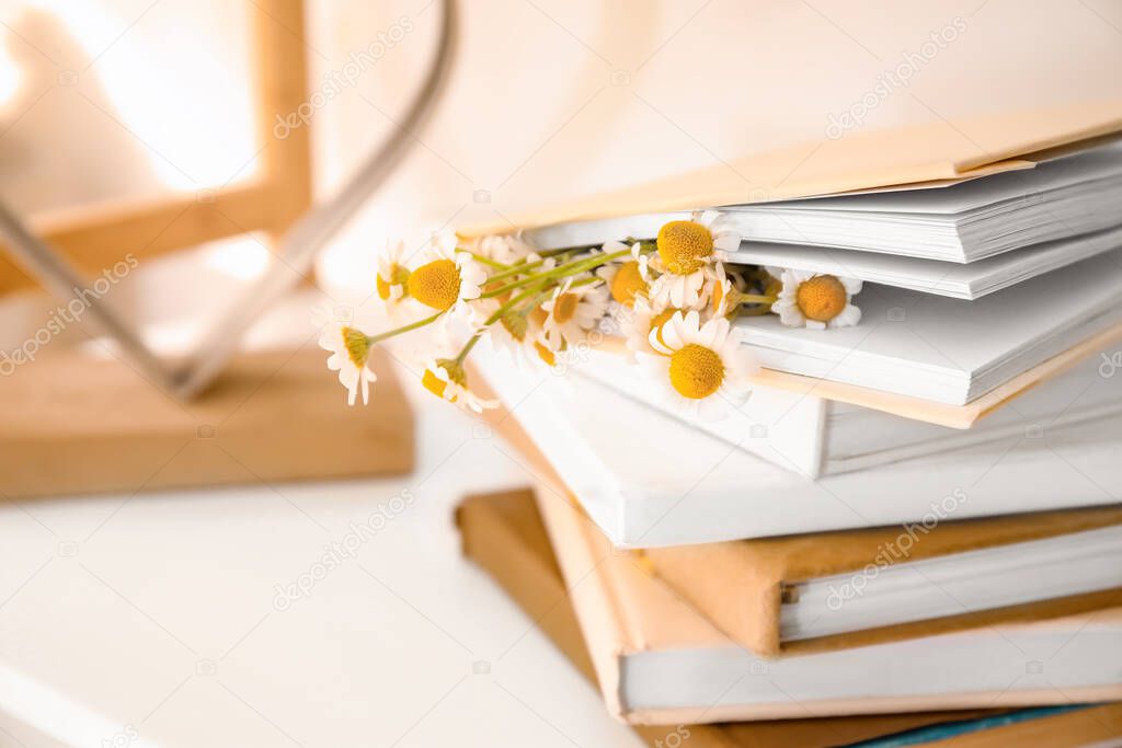 Books with beautiful chamomiles on shelf, closeup