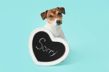 Tatlı köpek ve yazı tahtası. Renk arka planında 