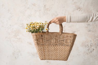 Arka planda güzel papatyaları olan bir kadın el.