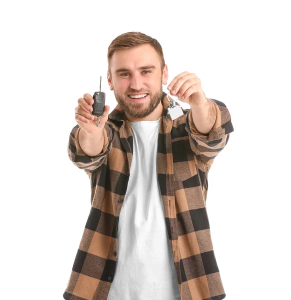 Young Man Key Home Car White Background — Stock Photo, Image