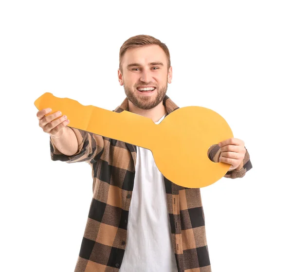 Joyeux Jeune Homme Avec Une Grande Clé Papier Sur Fond — Photo