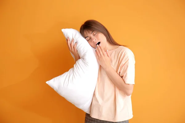 Tired Woman Pillow Color Background Concept Sleep Deprivation — Stock Photo, Image