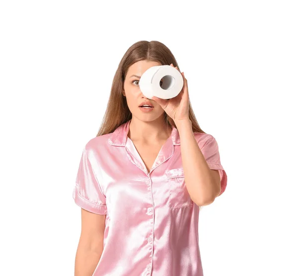 Junge Frau Mit Toilettenpapier Auf Weißem Hintergrund — Stockfoto
