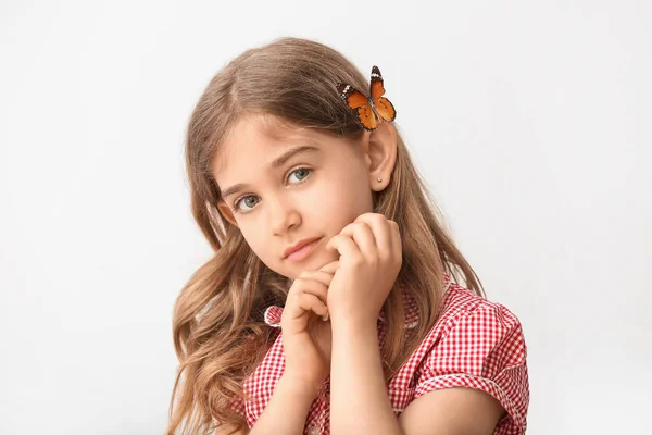 Cute Little Girl Butterfly Light Background — Stock Photo, Image
