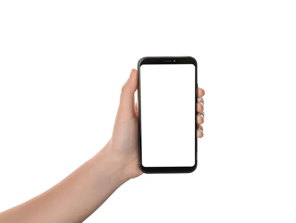 Female Hand Mobile Phone White Background — Stock Photo, Image