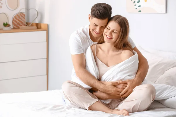 Morgen Des Glücklichen Jungen Paares Bett — Stockfoto