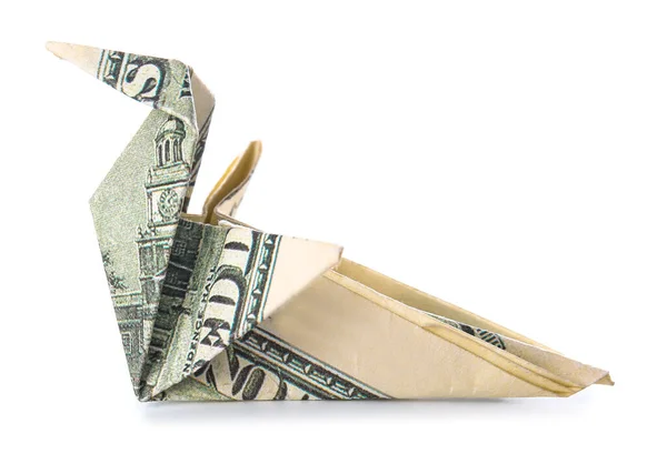 Origami Ptak Wykonany Banknotu Dolarowego Białym Tle — Zdjęcie stockowe