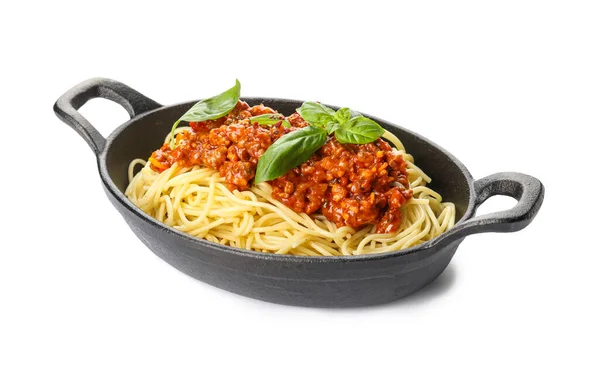 Pfanne Mit Leckeren Pasta Bolognese Auf Weißem Hintergrund — Stockfoto