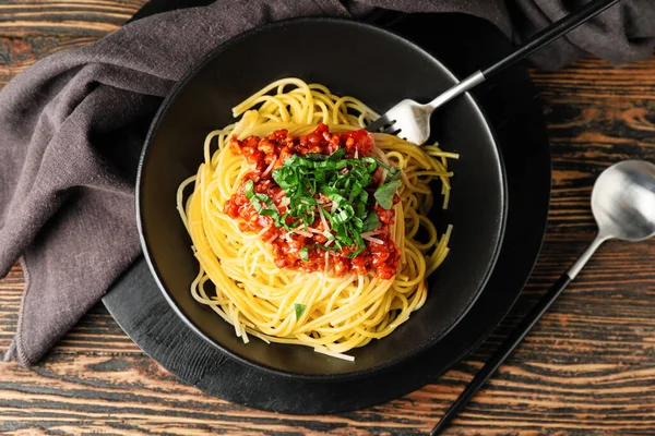 Plate Tasty Pasta Bolognese Table — 图库照片