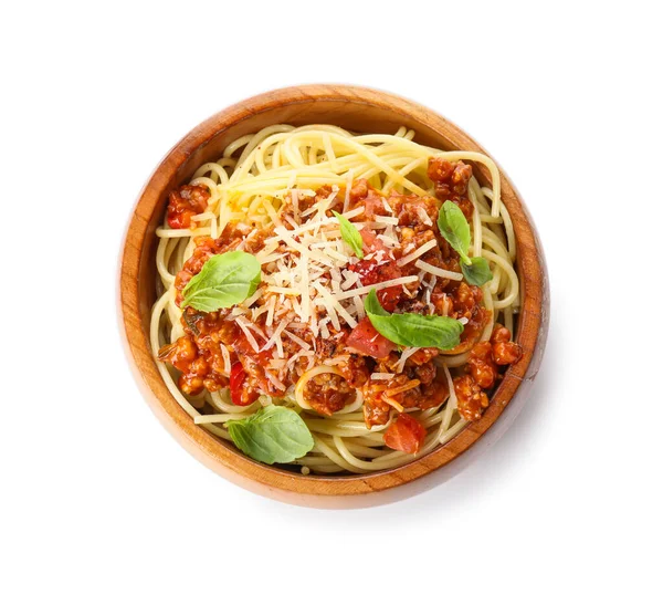 Bowl Tasty Pasta Bolognese White Background — Stock Photo, Image