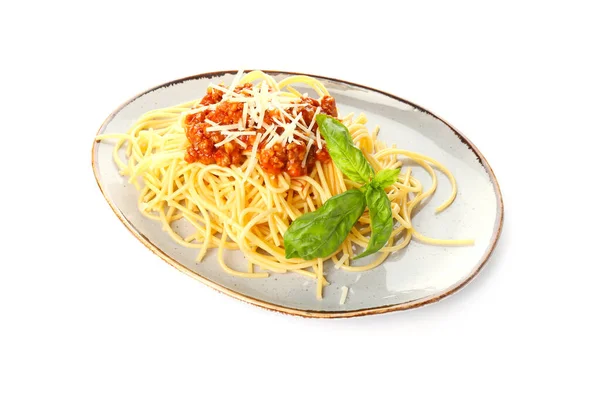 Plate Tasty Pasta Bolognese White Background — Stock Photo, Image