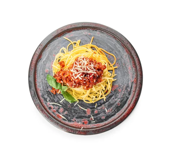 Plate Tasty Pasta Bolognese White Background — Stock Photo, Image