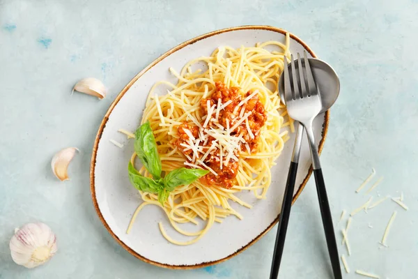 Plate Tasty Pasta Bolognese Color Background — 图库照片