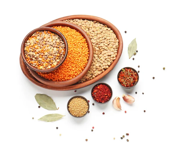 Plates Lentils Spices White Background — Stock Photo, Image