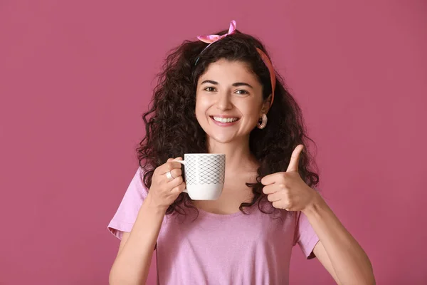 Beautiful Young Woman Hot Tea Showing Thumb Color Background — Stock Photo, Image