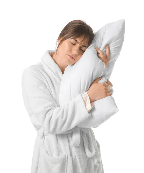 Zmęczona Kobieta Poduszką Białym Tle Pojęcie Braku Snu — Zdjęcie stockowe