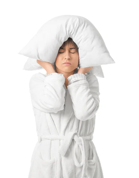 Tired Woman Pillow White Background Concept Sleep Deprivation — Stock Photo, Image