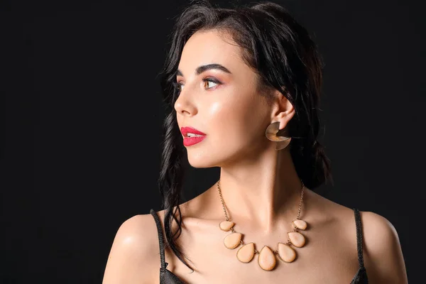 Beautiful Young Woman Wearing Stylish Jewelry Dark Background — Stock Photo, Image