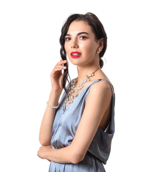 Beautiful Young Woman Wearing Stylish Jewelry White Background — Stock Photo, Image