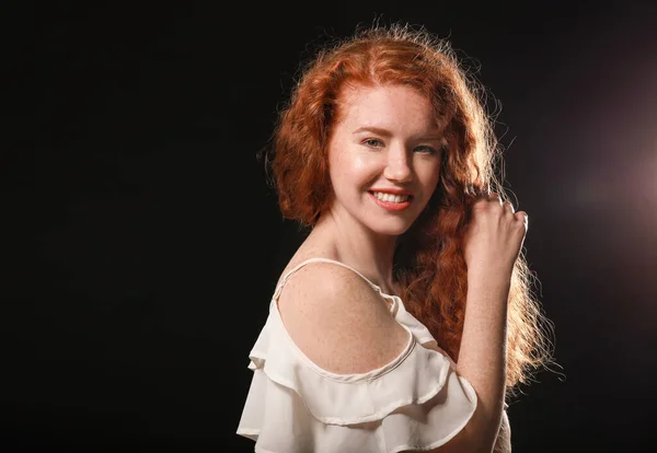 Portrait Beautiful Redhead Woman Dark Background — Stock Photo, Image