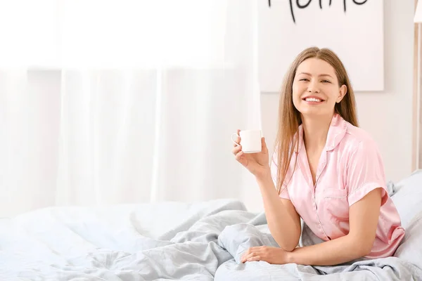 Morning Beautiful Young Woman Drinking Coffee Bedroom — Stock Photo, Image