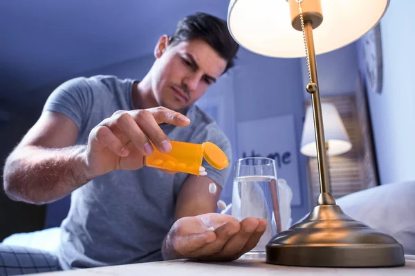 Young Man Taking Sleeping Pills Night — Stock Photo, Image