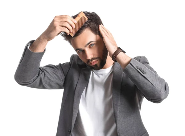 Handsome Man Combing Hair White Background — Stock Photo, Image