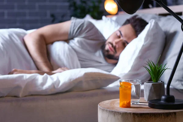 Sleeping Pills Table Man Bedroom — Stock Photo, Image