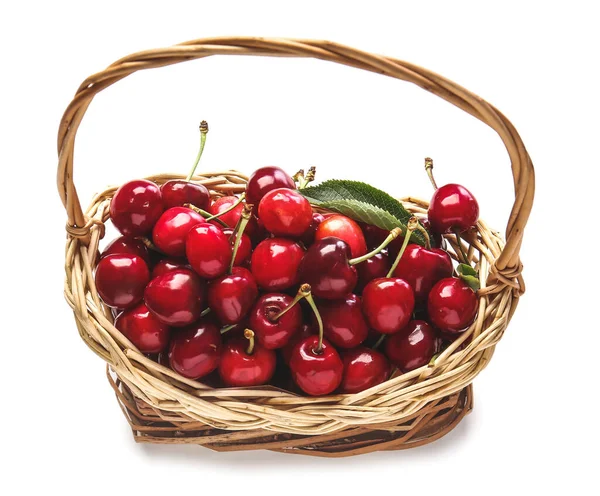 Cesta Com Cereja Doce Fundo Branco — Fotografia de Stock