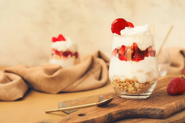 Tasty Strawberry Dessert Glass Table — Stock Photo, Image