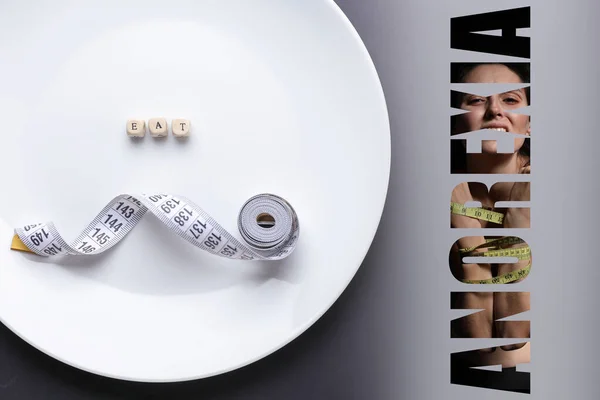 Measuring Tape Word Eat Made Cubes Plate Concept Anorexia — Stock Photo, Image