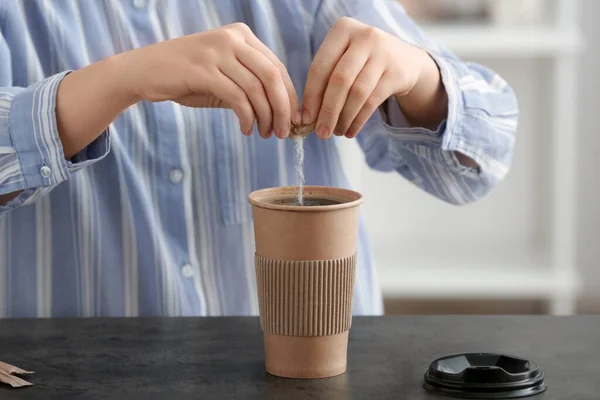 Woman Adding Sugar Coffee Cup Table — Stock Photo, Image