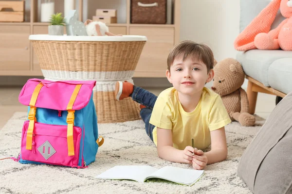 Cute Little Schoolboy Doing Lessons Home — Stock Photo, Image