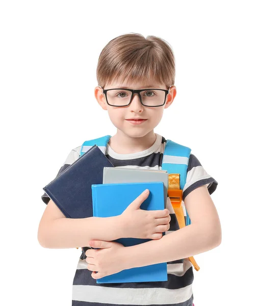 Schattig Klein Schooljongen Witte Achtergrond — Stockfoto