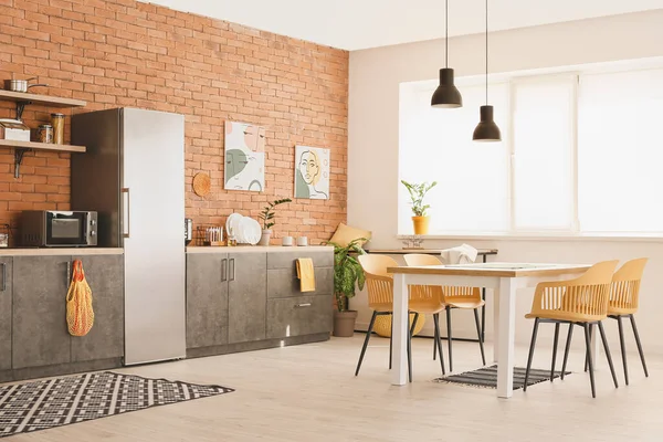 Elegante Interior Cocina Moderna Con Mesa Comedor — Foto de Stock