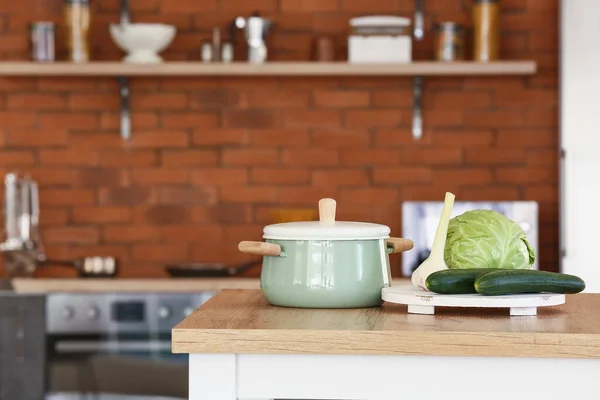 Fresh Vegetables Pot Kitchen Table — Stock Photo, Image