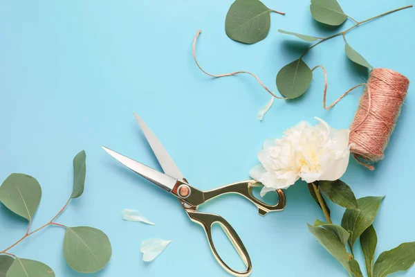 Scissors Floral Decor Threads Color Background — Stock Photo, Image